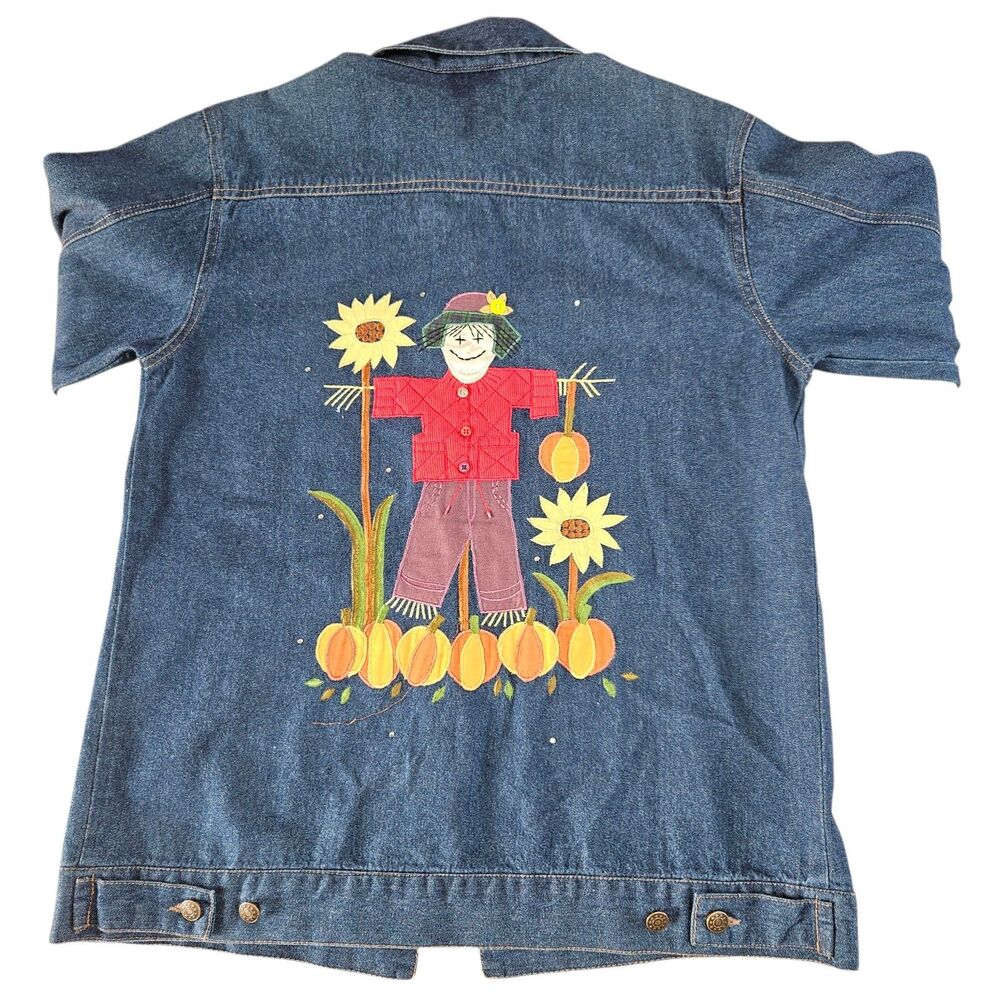 Quacker Factory Blue Denim Jacket Size M Fall Pumpkins Scarecrow Sunflowers - Picture 2 of 12